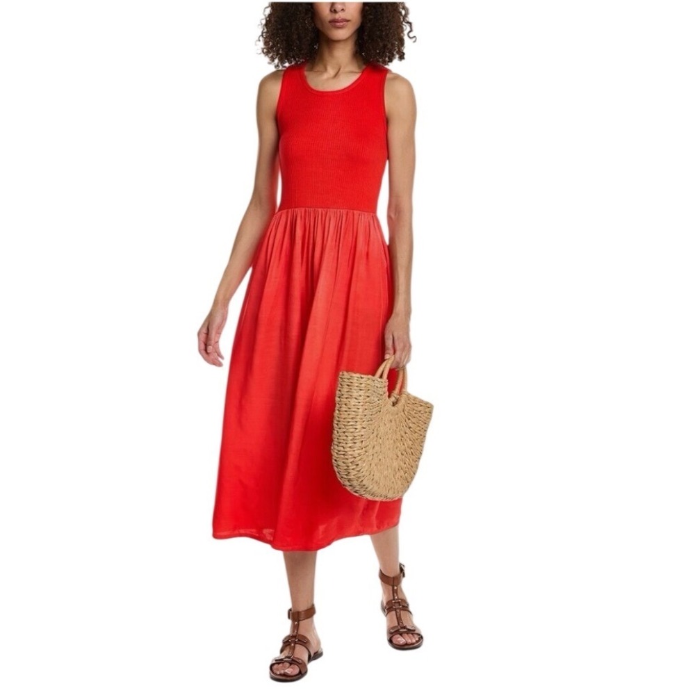 Sundry Mixed Media Tank Midi Dress S Pink Red Fit Flare Coastal Sundress USA